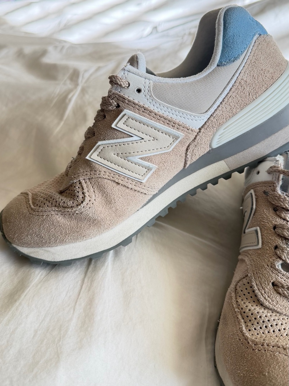 New Balance Beige Suede Sneakers with Light Blue Heel